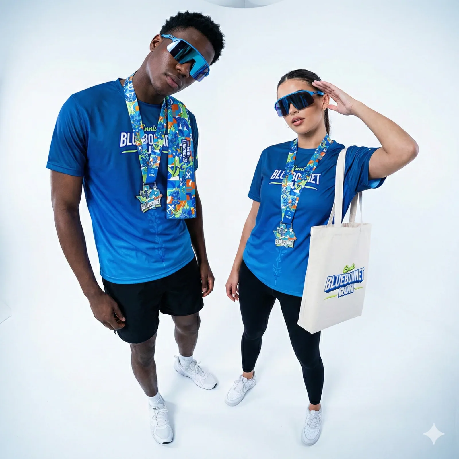Two models wearing blue Ennis Bluebonnet Run shirts, finisher medals, and sunglasses, with a branded tote bag