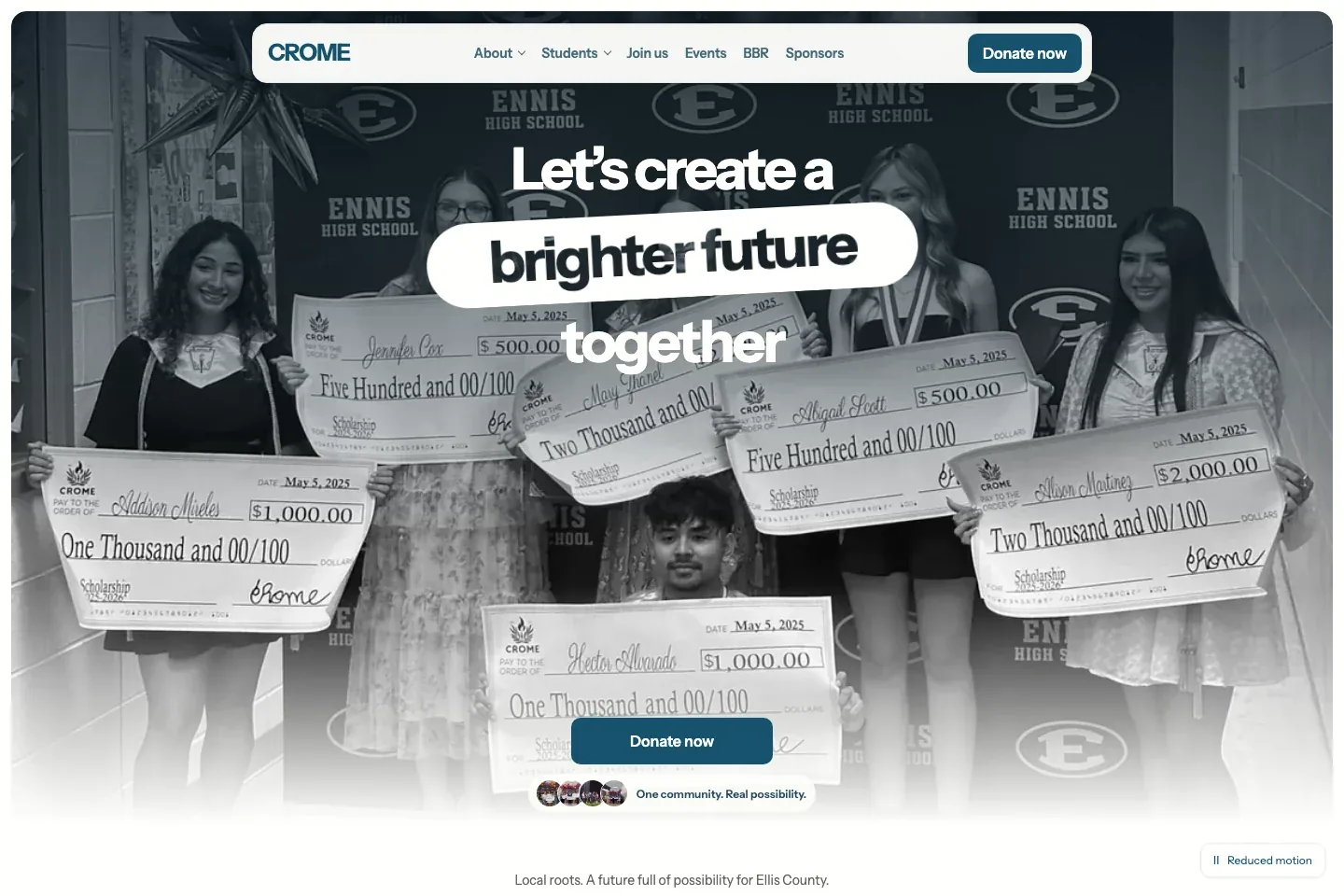 CROME nonprofit homepage preview with scholarship recipients and a brighter future together headline