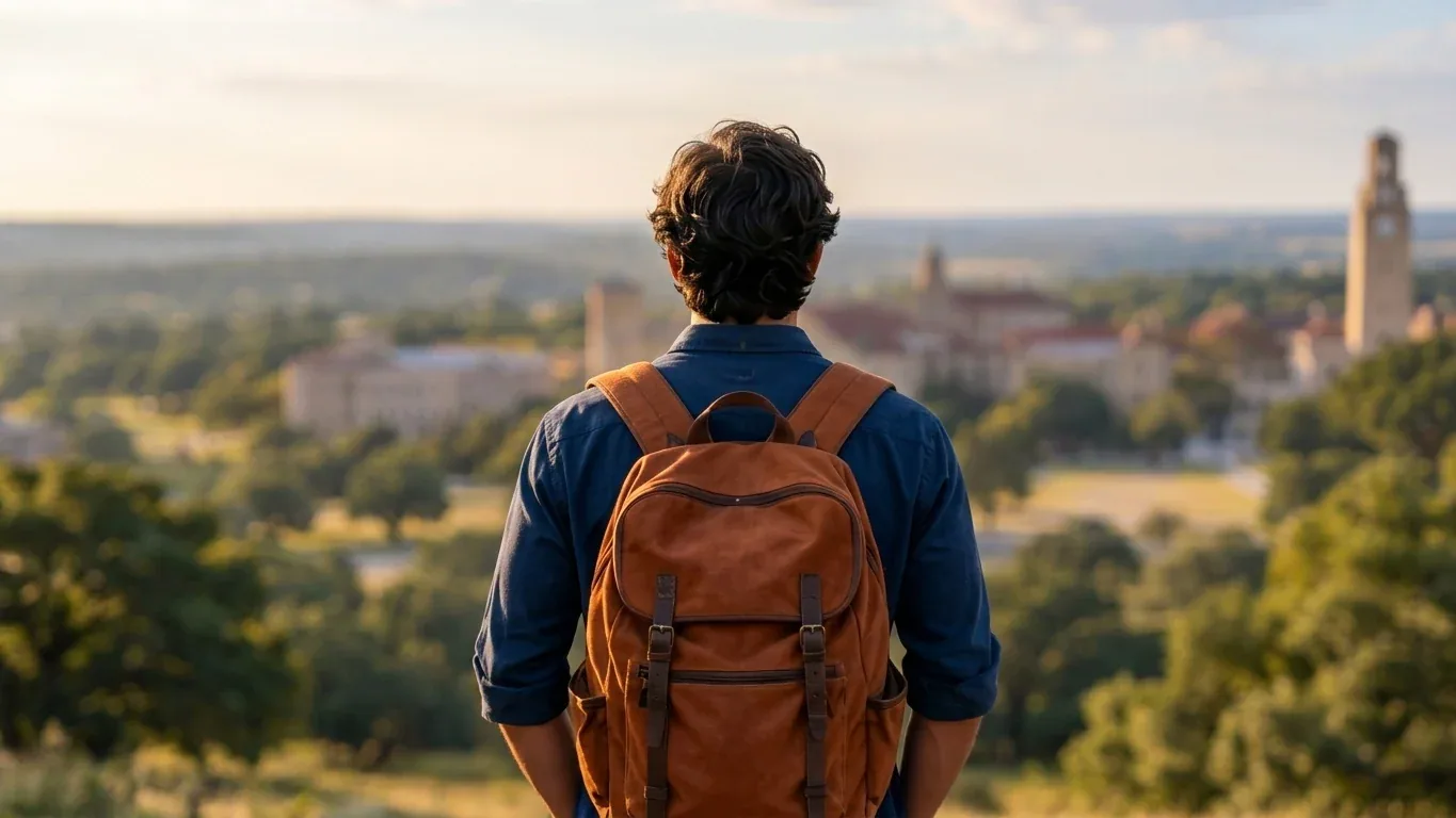 Student with a brown backpack looking out over a sunlit campus and city
