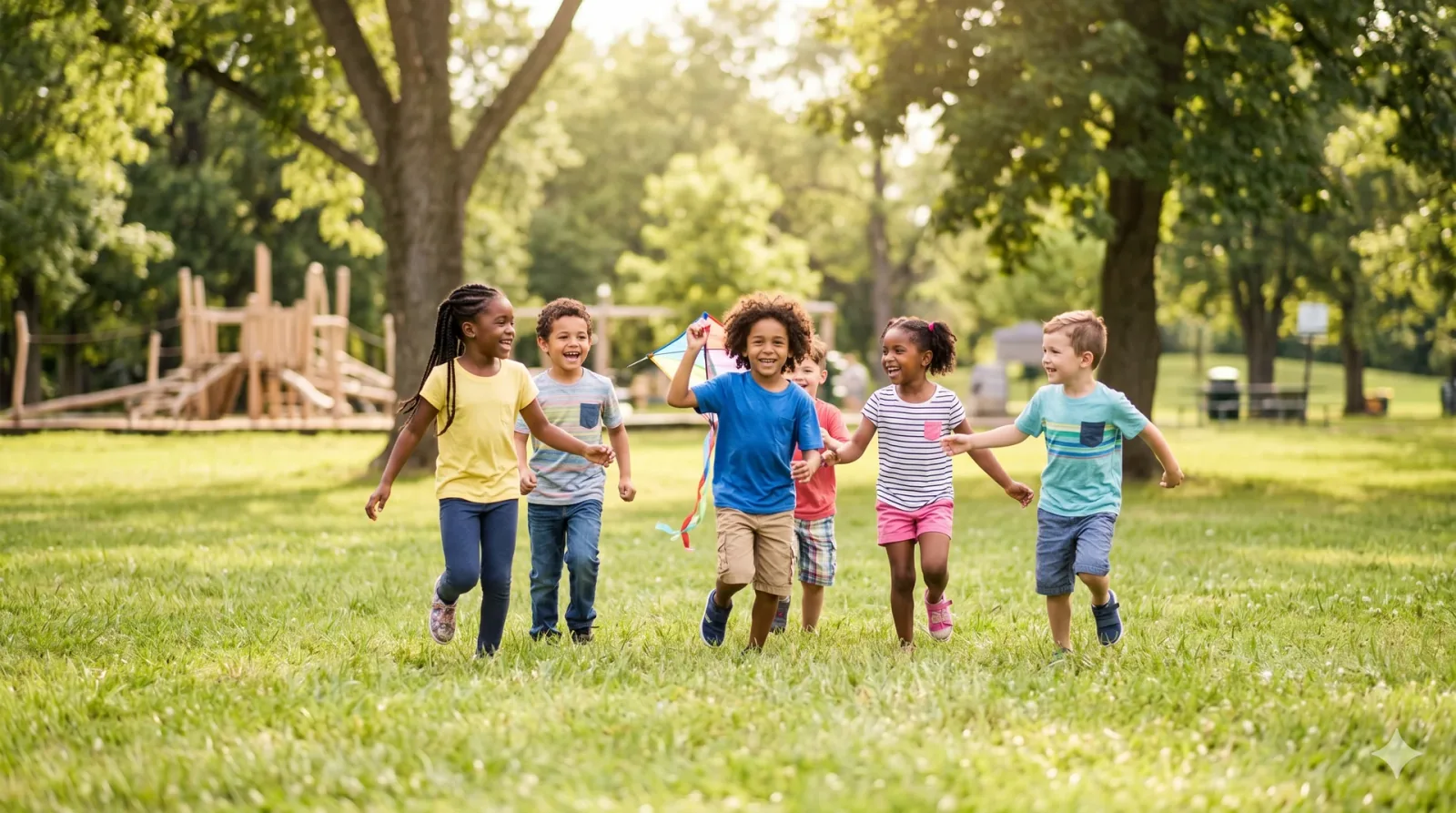 Six smiling children playing in a sunny park with a colorful kite