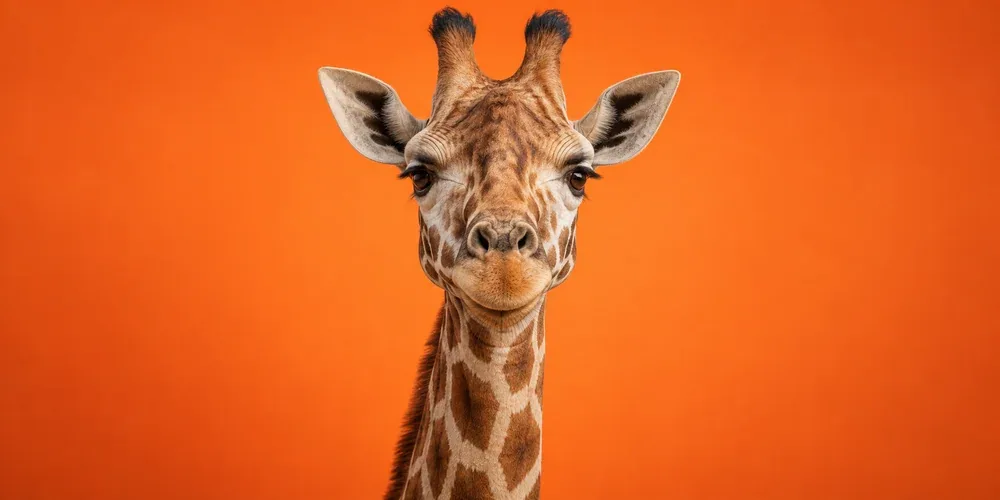 A relaxed, realistic giraffe against an orange studio backdrop