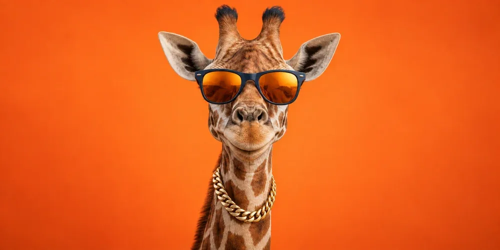 The same giraffe smiling in orange-lens sunglasses and a gold chain