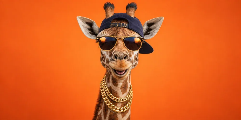 The same happy giraffe wearing a midnight blue cap, gold sunglasses, and layered chains