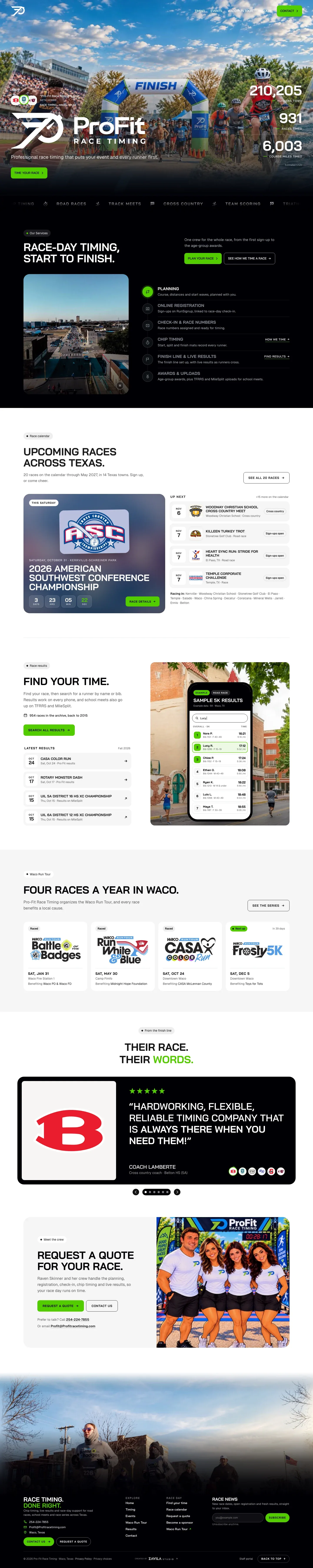 The full Pro Fit Race Timing homepage: a finish-arch hero with runner, race, and mile totals, timing services, upcoming races, results search, the Waco Run Tour, client reviews, and a quote request