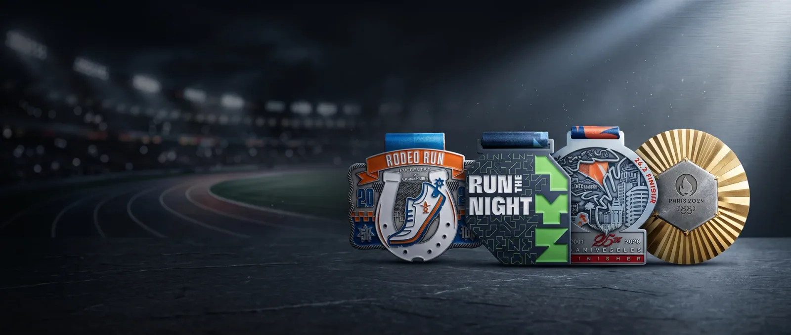 Custom race medals beside a stadium track, featured in the Race Medal Co. website project by Zavila Studio