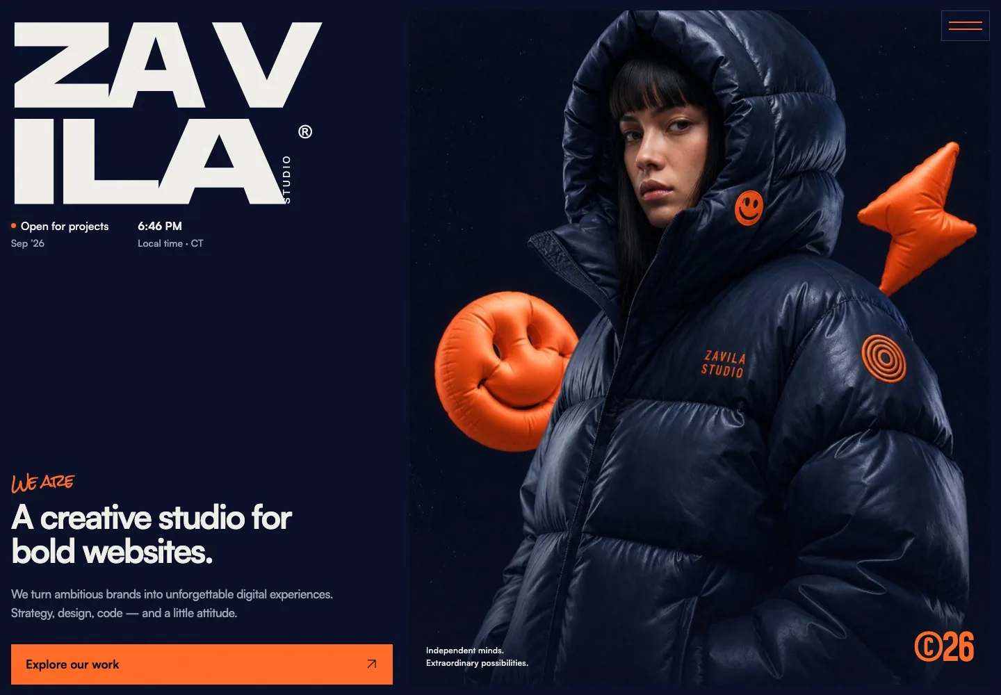 Zavila website concept with oversized lettering and a model in a midnight blue puffer jacket