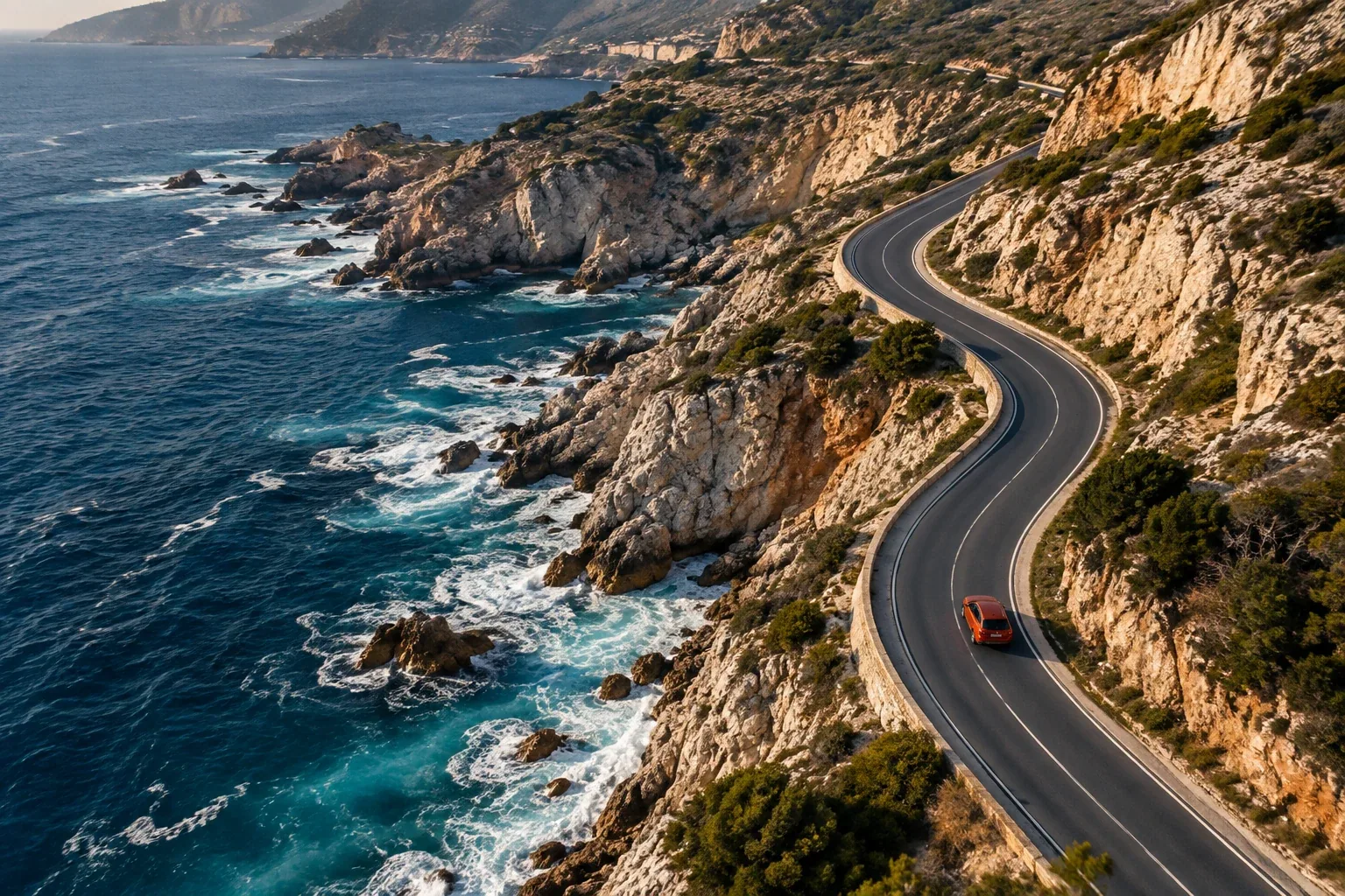 Winding coastal road following a rocky shoreline beside deep blue ocean
