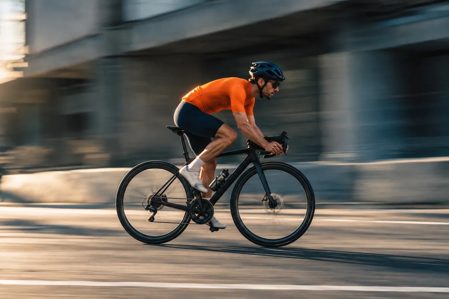 Cyclist in an orange jersey racing past a concrete wall with motion blur