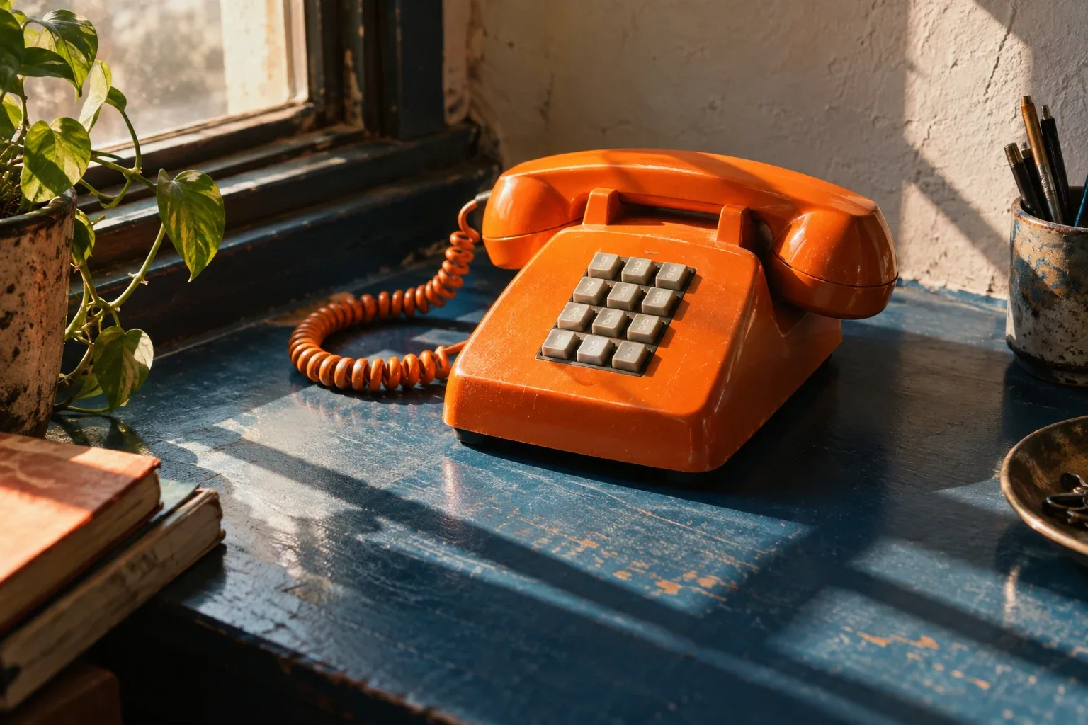 Orange corded telephone on a blue desk in warm window light