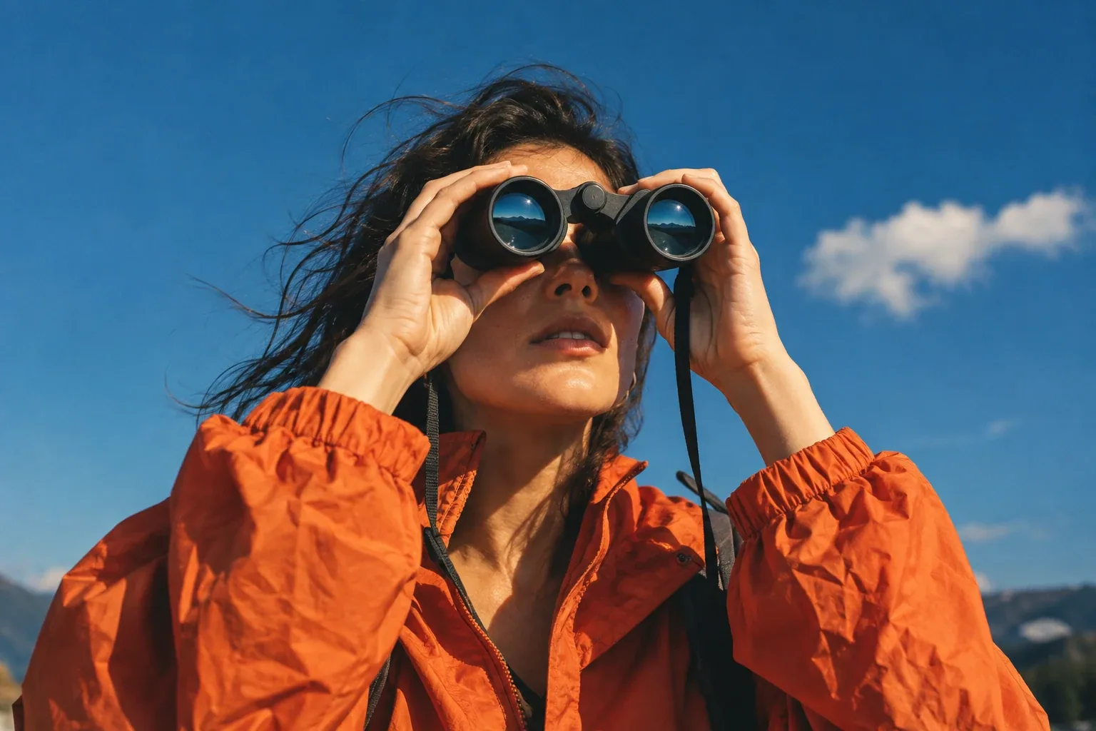Woman in an orange windbreaker looking through binoculars against a blue sky