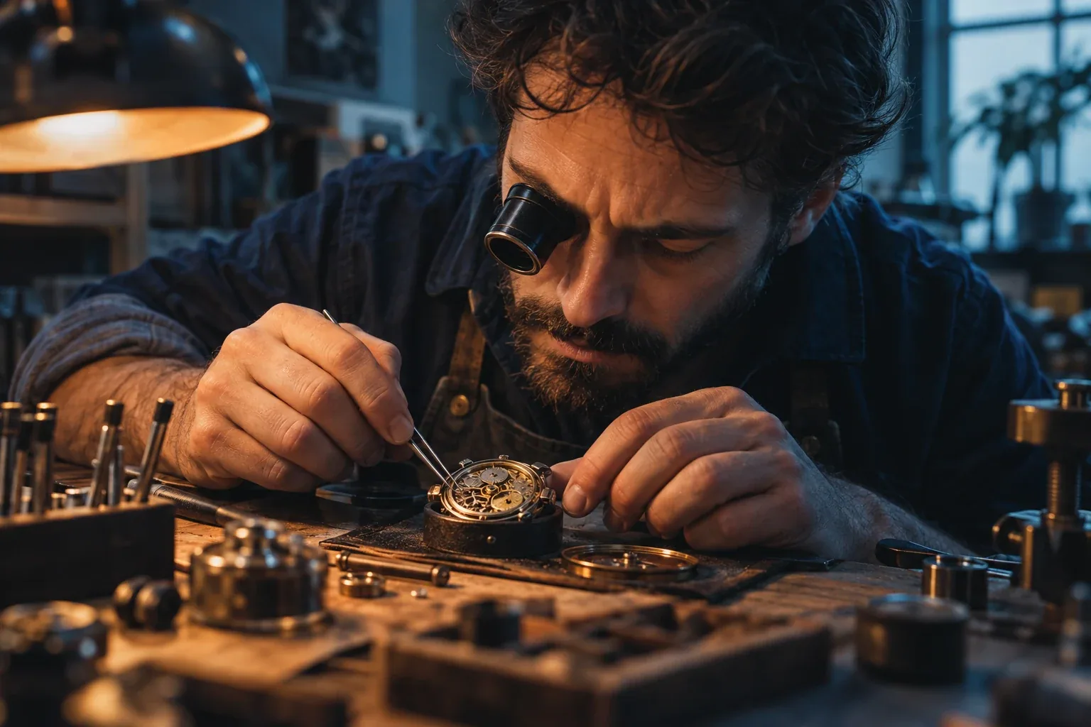 Watchmaker examining a mechanical watch through a jeweler’s loupe at a workbench