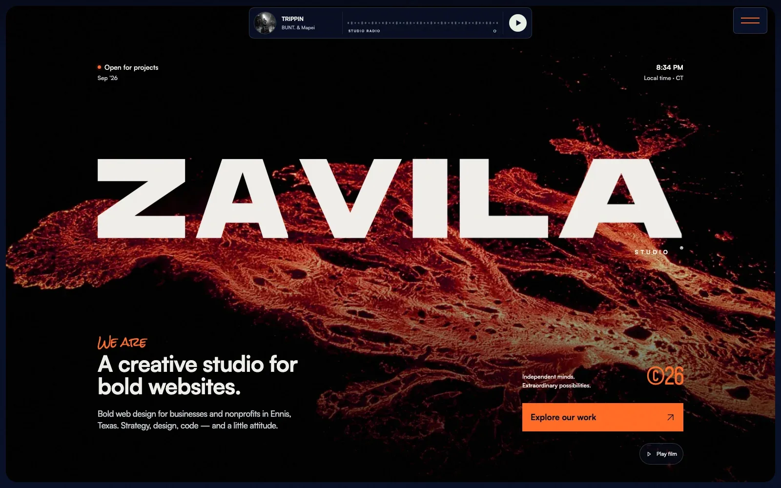 Zavila Studio homepage with bold white lettering over a volcanic nature film